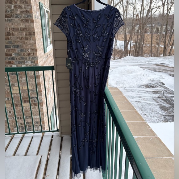 🆕Adrianna Papell Navy Beaded Floral Mesh Gown Blouson Bodice Formal Dress Size 6 - Picture 6 of 16